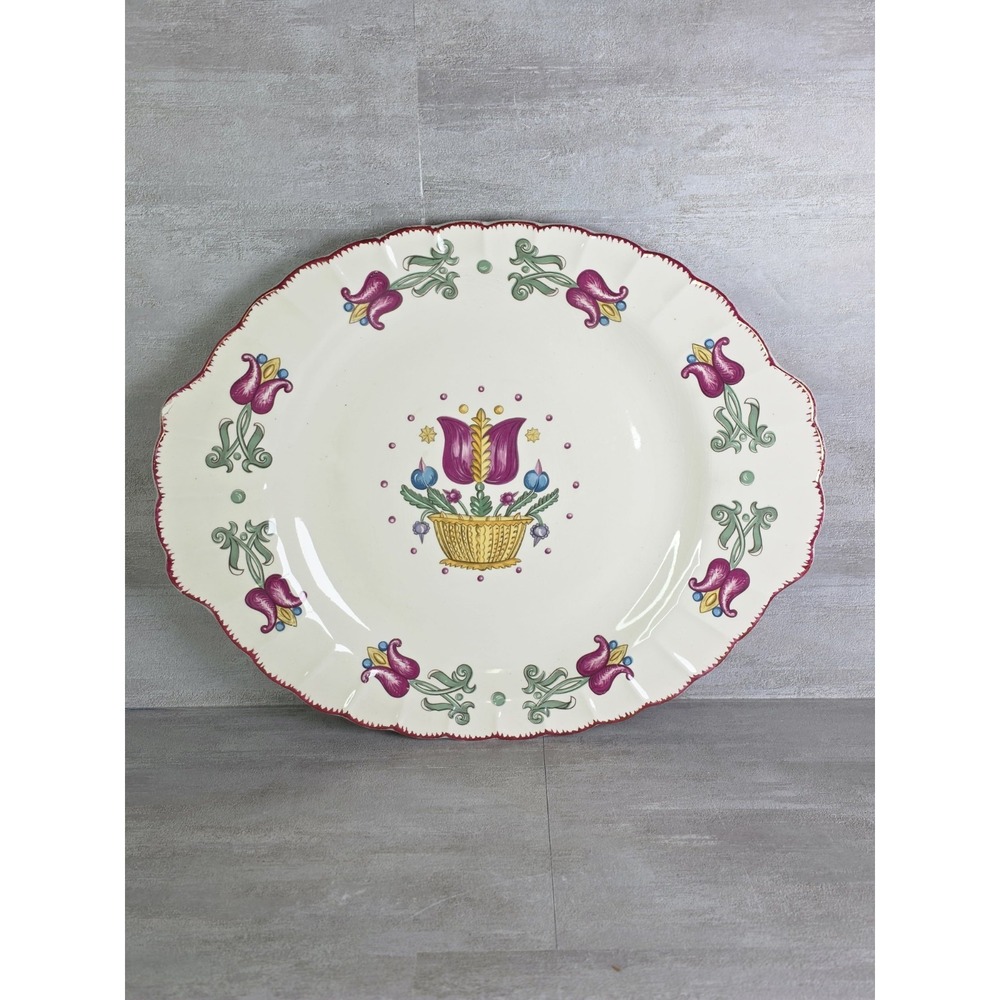 VintageAmerican Limoges Serving Platter Old Dutch Large 14" Scalloped Tulips USA